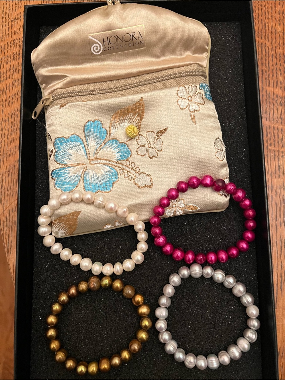 Set of 4 HONORA Freshwater Pearl Stretch Bracelets Dyed Bronze Pink White